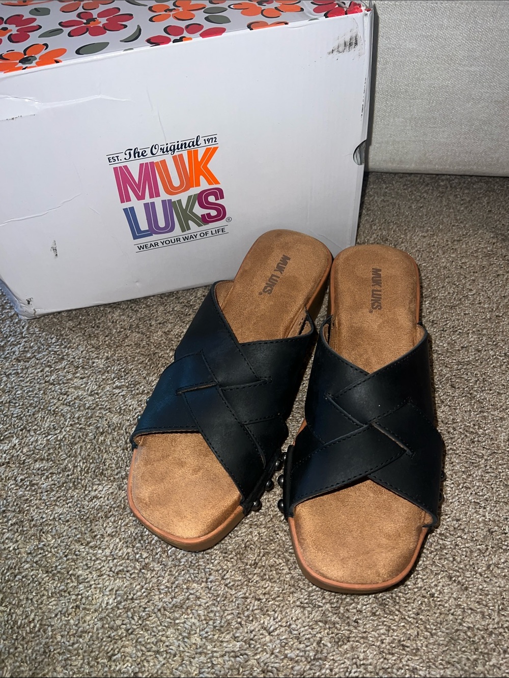Muk Luks Black Crisscross Slip-On Mules with Tan Footbed